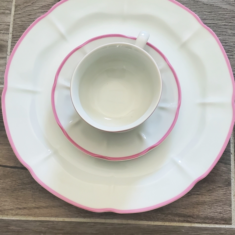 White Porcelain Dinnerware Set with Pink Trim